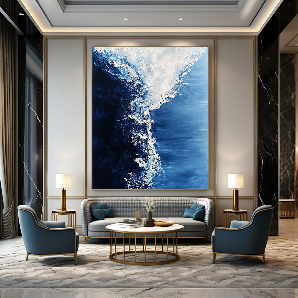 Large abstract painting of swirling Arctic sea in white and blue tones features visible brush strokes and snow crystal details for a hyper-realistic effect.STSC348