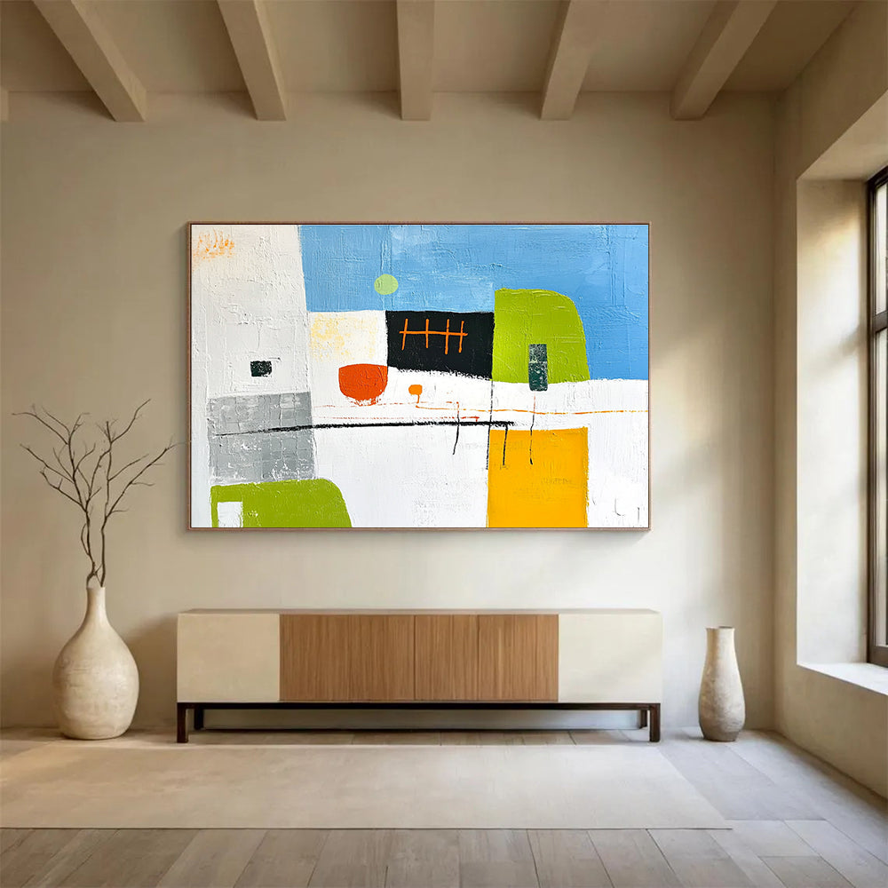 Abstract modern painting featuring architectural elements in green and yellow accents with orange lines grey buildings and a blue sky on a white background.SC099