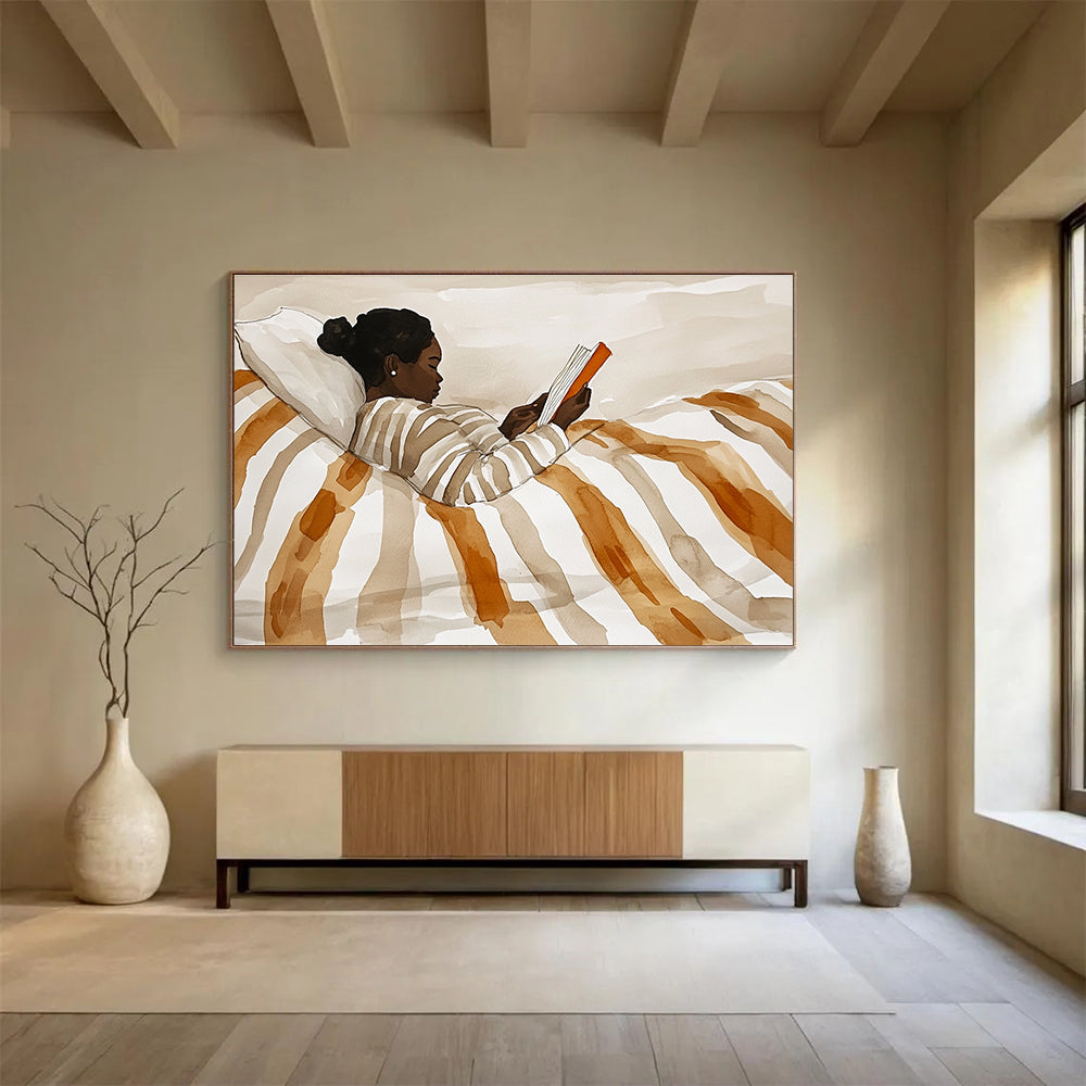 Woman Reading in Bed Watercolor Abstract Painting with Warm Neutrals DYP615