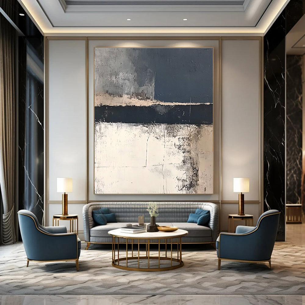 Large abstract painting in dark gray and navy blue with hints of white and beige depicting a distant old battle scene on the English coast.STSC217