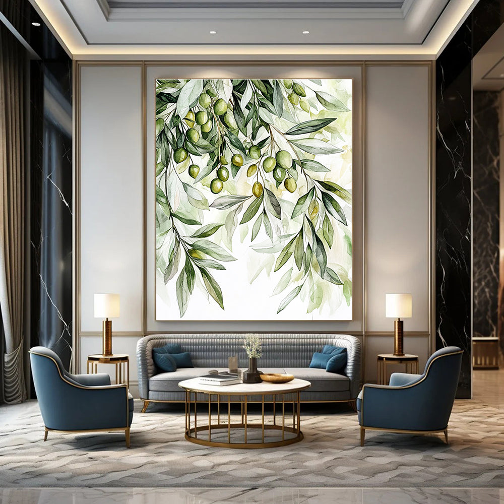 Large abstract painting featuring detailed olive tree foliage in soft greens and whites with olives creating a warm inviting atmosphere.STSC1460