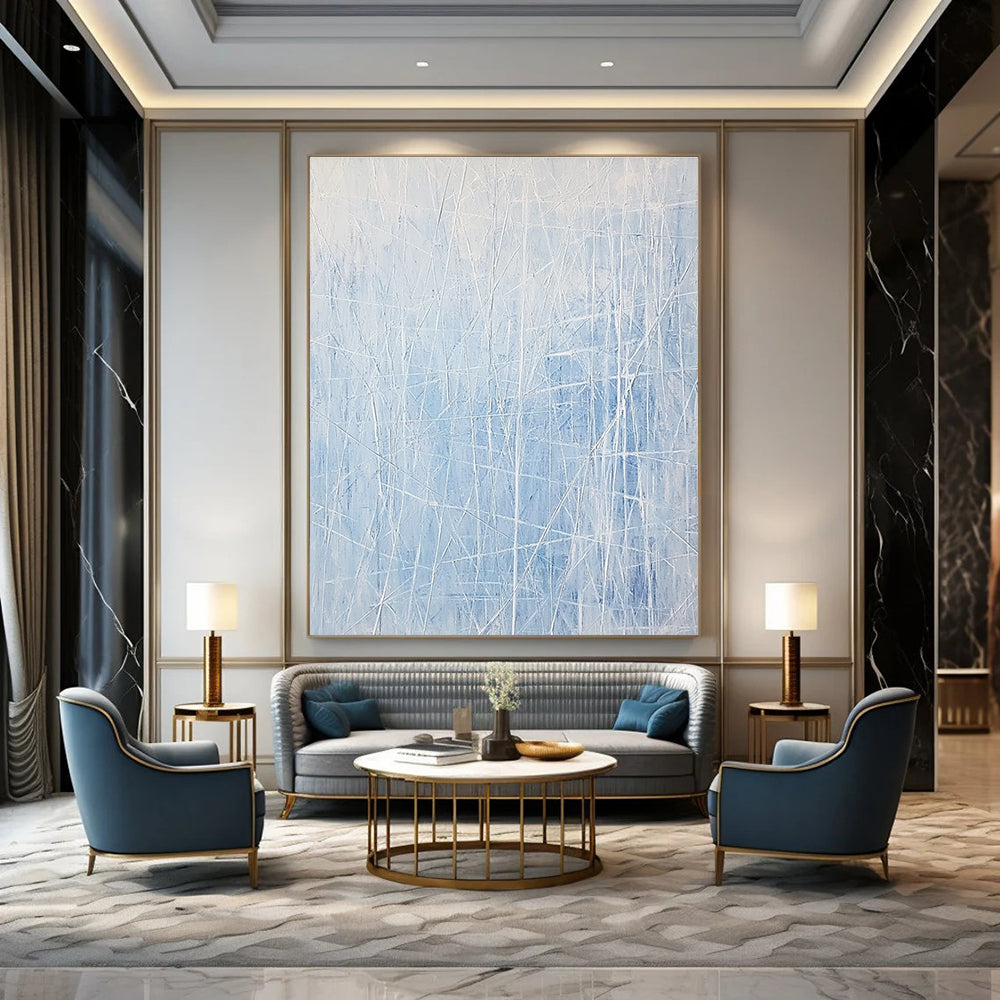 Large abstract painting featuring light blue and white lines resembling an icy landscape with vertical lines and scattered ice formations.STSC317