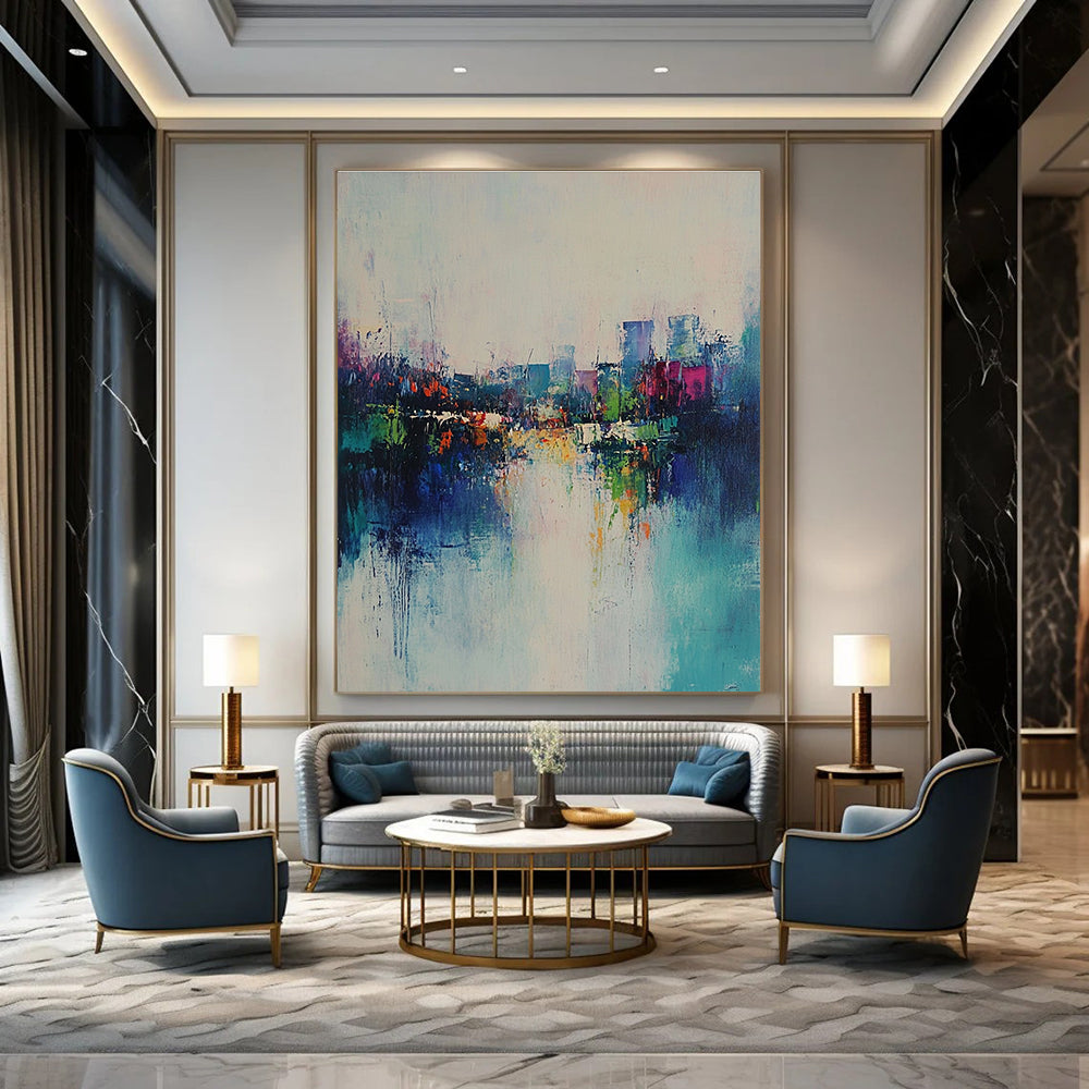 Large abstract painting featuring a serene misty landscape with green-blue hues and reflections of city lights in textured layers.STSC562
