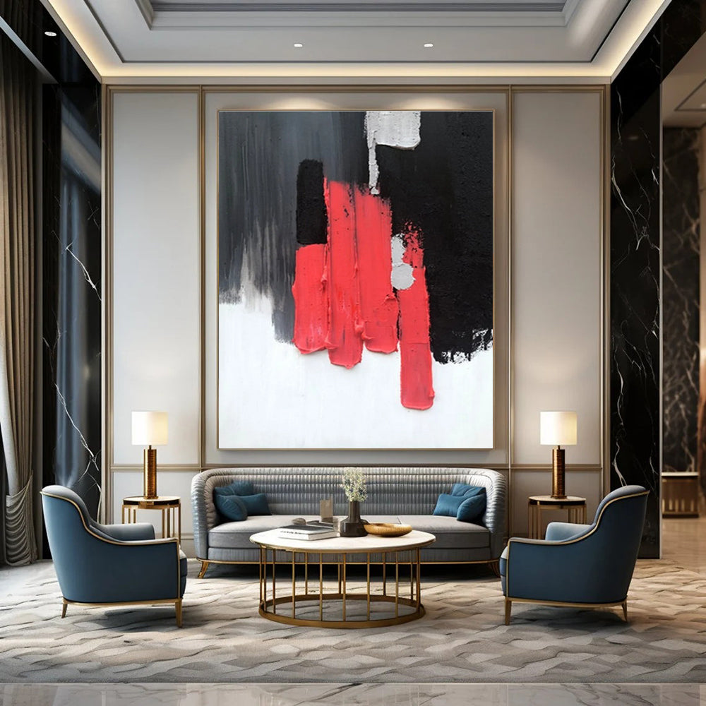 Red, Black, and Gray Textured Abstract Painting with Vertical Forms ADGE394