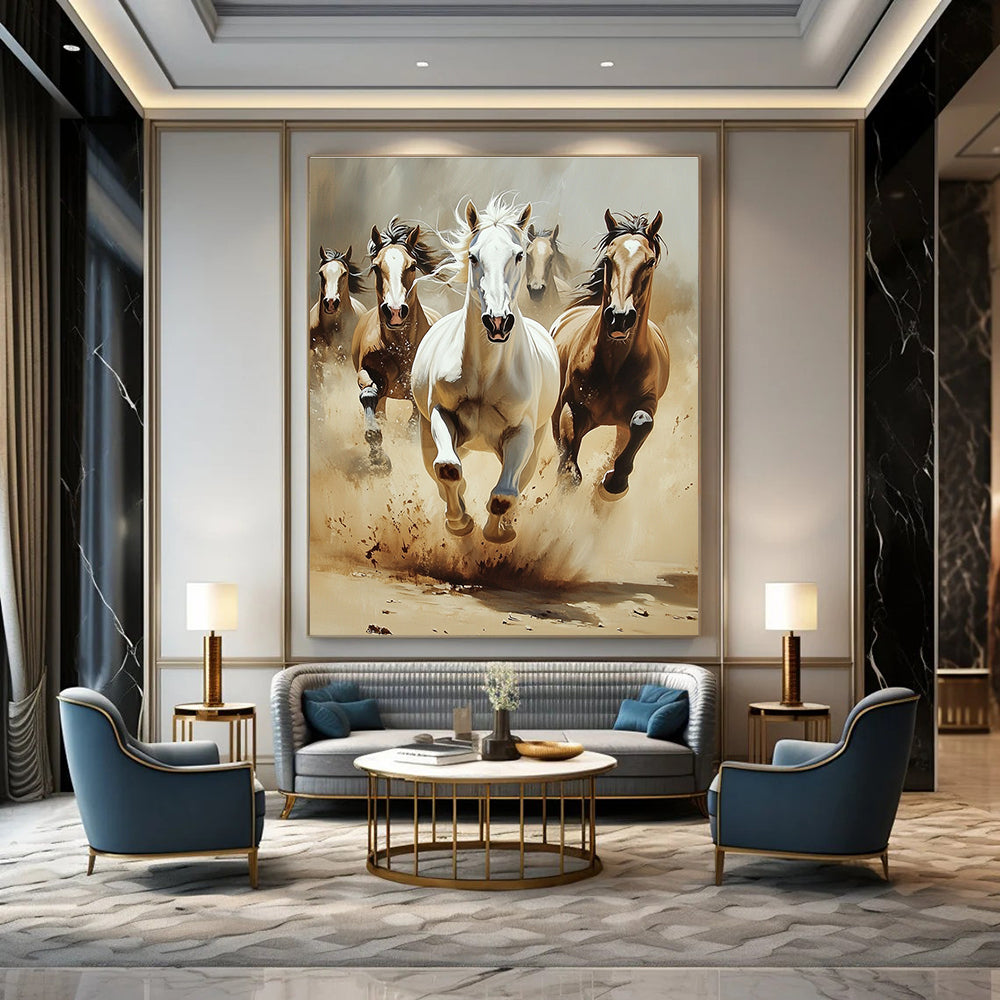 An abstract painting featuring horses in motion with dust clouds around them capturing the essence of speed and natural beauty in a simple landscape.STSC1013