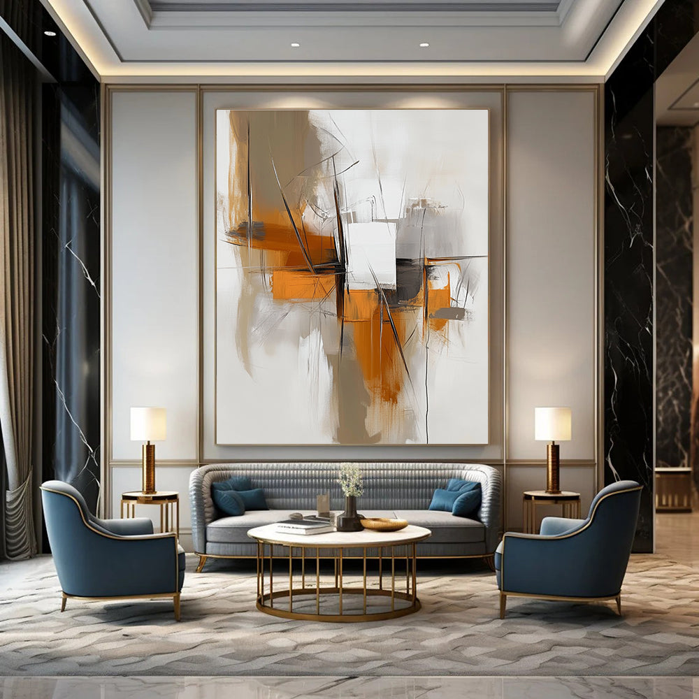 Large abstract painting featuring white and orange tones with minimalist lines in beige and grey creating a calming flow.STSC842