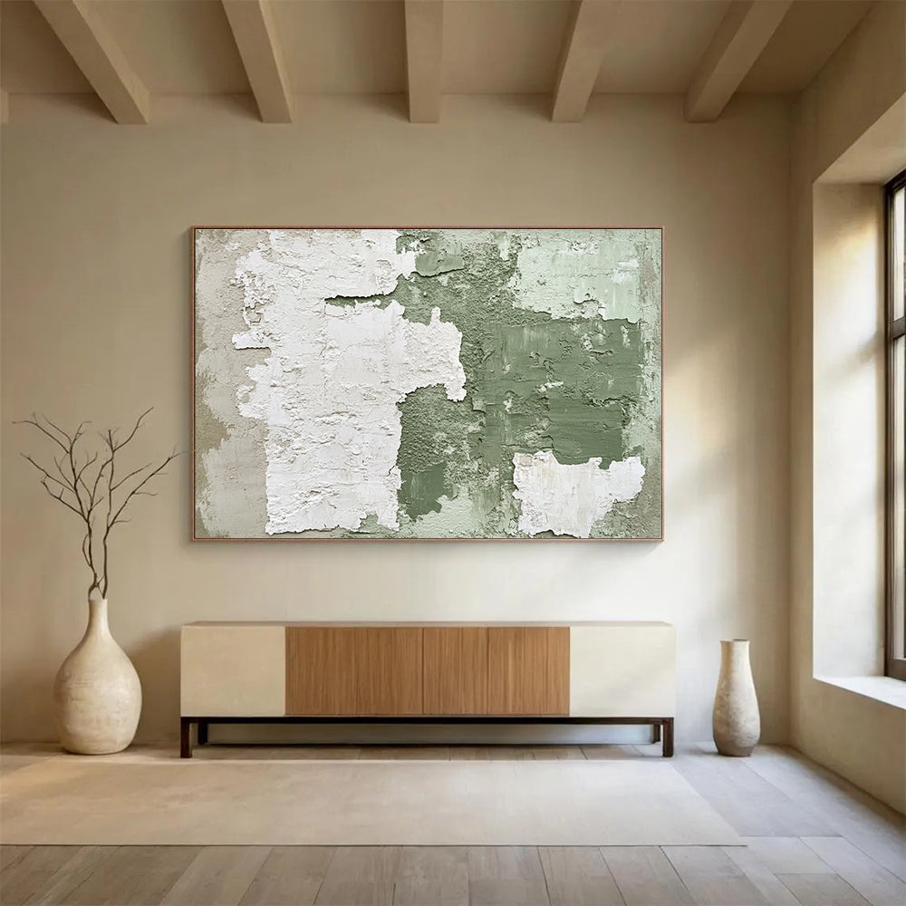 Abstract painting with a vintage feel featuring peeling green and white wall textures and distressed elements in dark brown tones.SC470
