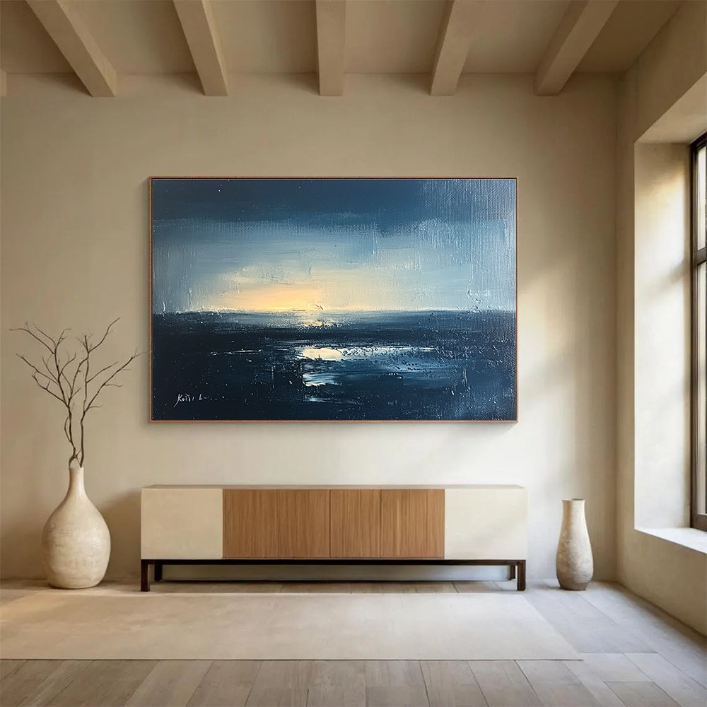 Large abstract landscape oil painting of a night sea with blue gray and black hues featuring soft light and detailed brushstrokes.SC068