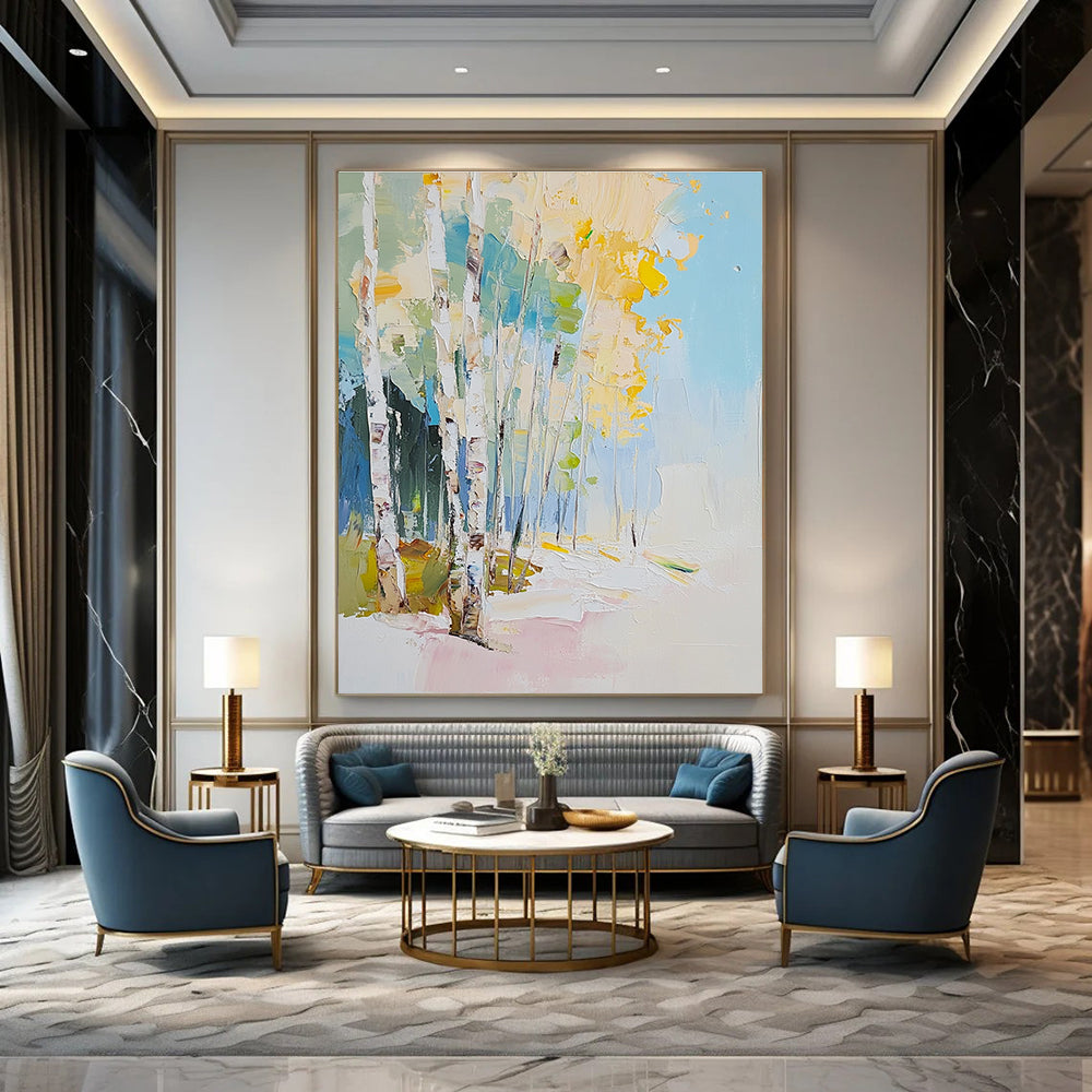 Large abstract oil painting of birch trees with a light blue sky white yellow leaves and white snow featuring impasto brushstrokes.STSC180