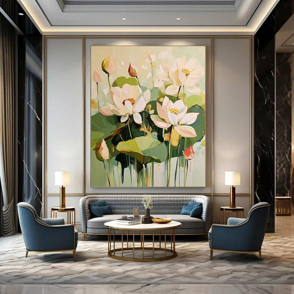 Large abstract painting featuring light green and cream lotus flowers with green leaves and pink buds in an elegant harmonious composition.STSC319