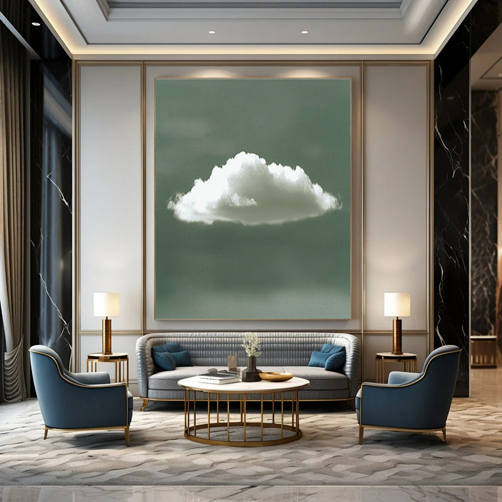 Abstract digital artwork of a single white cloud against a calming green background, embodying tranquility with its minimalist style and serene form.STSC1196