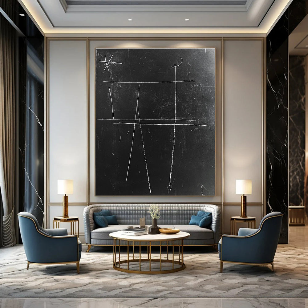 A large abstract drawing featuring simple lines and thick white chalk textures on a black chalkboard, inspired by Matisse's minimalism.STSC1061