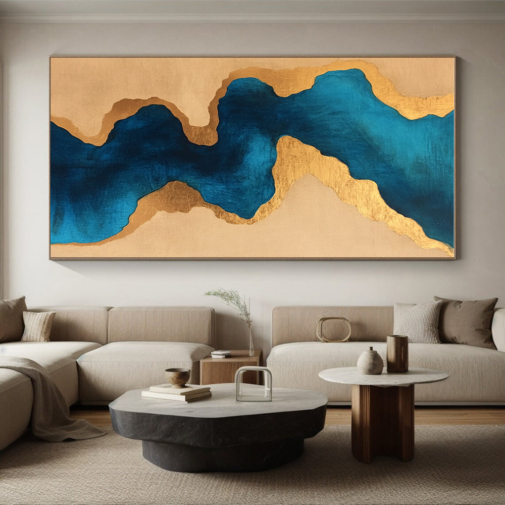 Blue and Gold Fluid - Shaped Abstract Painting GER234