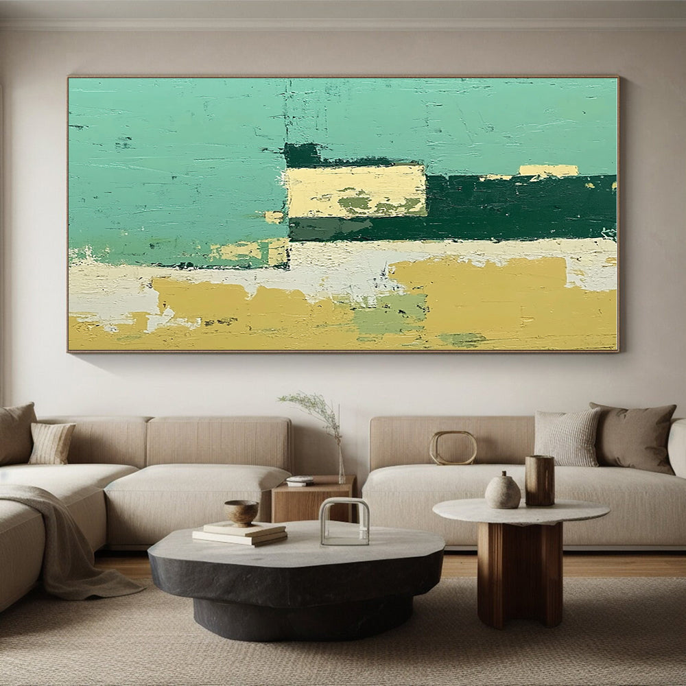 Green and Yellow Abstract Painting with Weathered Surfaces GER108