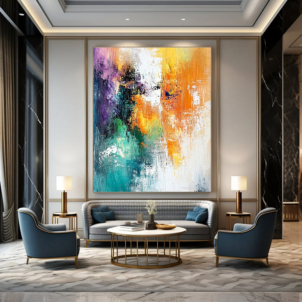 Large abstract painting featuring dreamy hues of white orange and teal with textured brushstrokes and a layered mixed media composition.STSC417