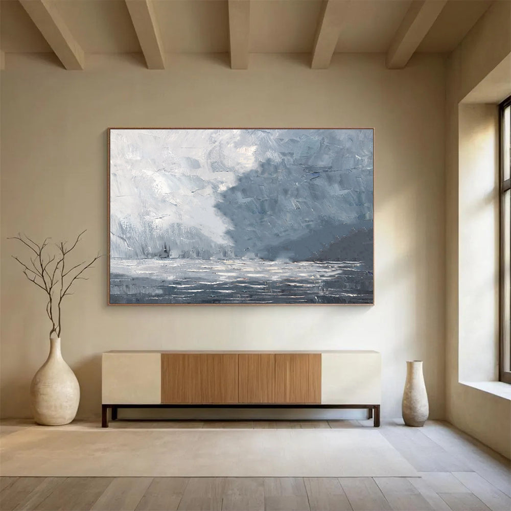 Misty Sea Abstract Painting with Gray and White Tones THY317