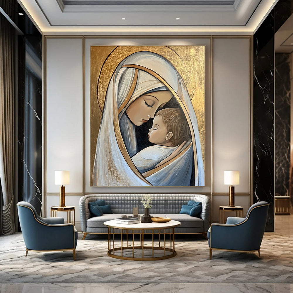 Large abstract artwork of Mary and Jesus in pastel tones on a gold leaf background conveying deep emotional connection and serene beauty.STSC1434