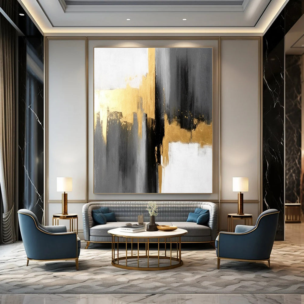 Gray Gold and White Abstract Painting with Sophisticated Layers ADGE076