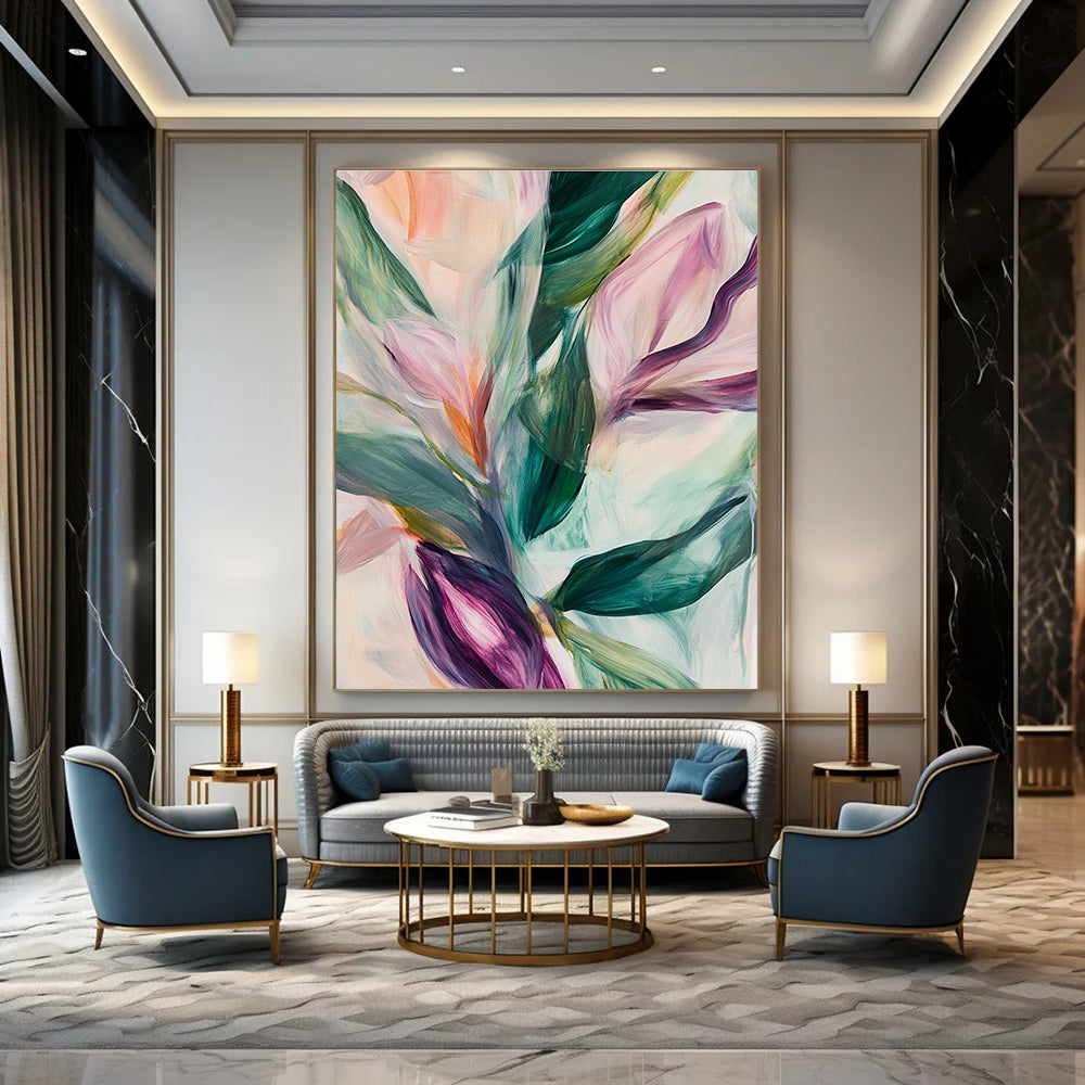 Large abstract painting featuring soft pastel leaves and flowers in neutral tones set against a blurred white background.STSC314