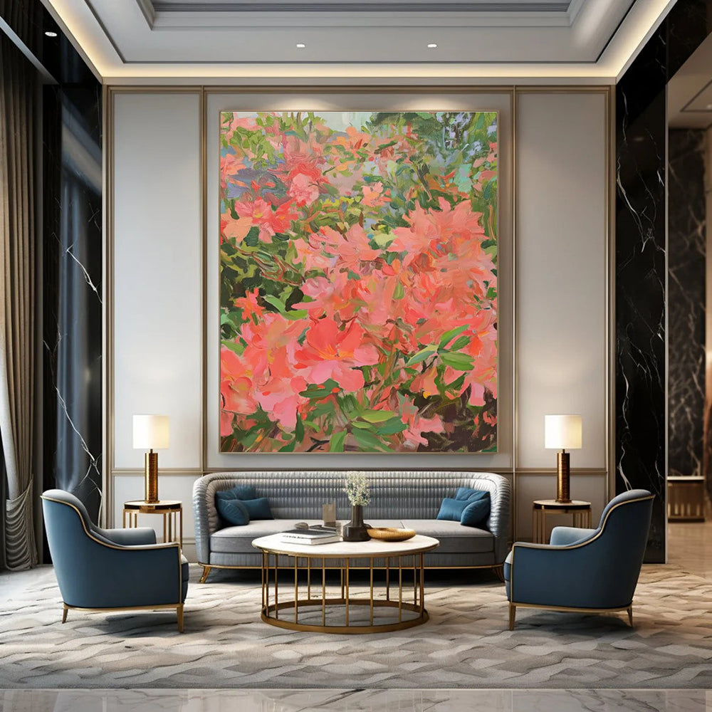 Pink Blossom Abstract Painting with Lush Greenery ADGE433