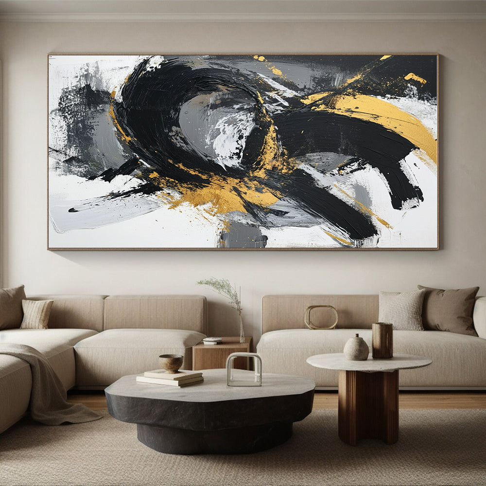 Gold Swirl Abstract with Black White and Gray Motions GER367