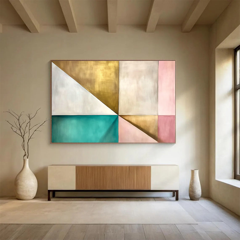 A large abstract painting featuring geometric shapes in white with light brown tones and hints of pale yellow, inspired by Japandi and James Turrell.SC504