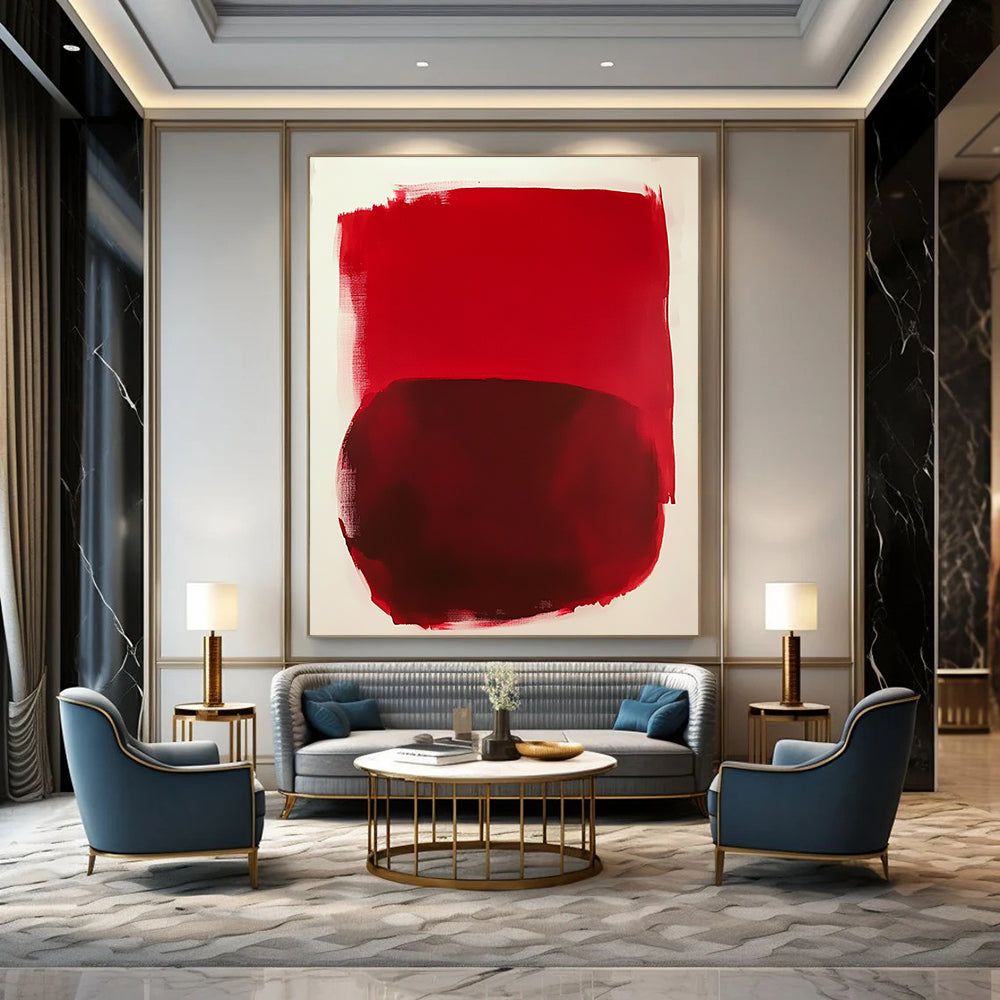 Large abstract painting featuring vibrant red shapes on a white background inspired by Mark Rothko's style.STSC1414
