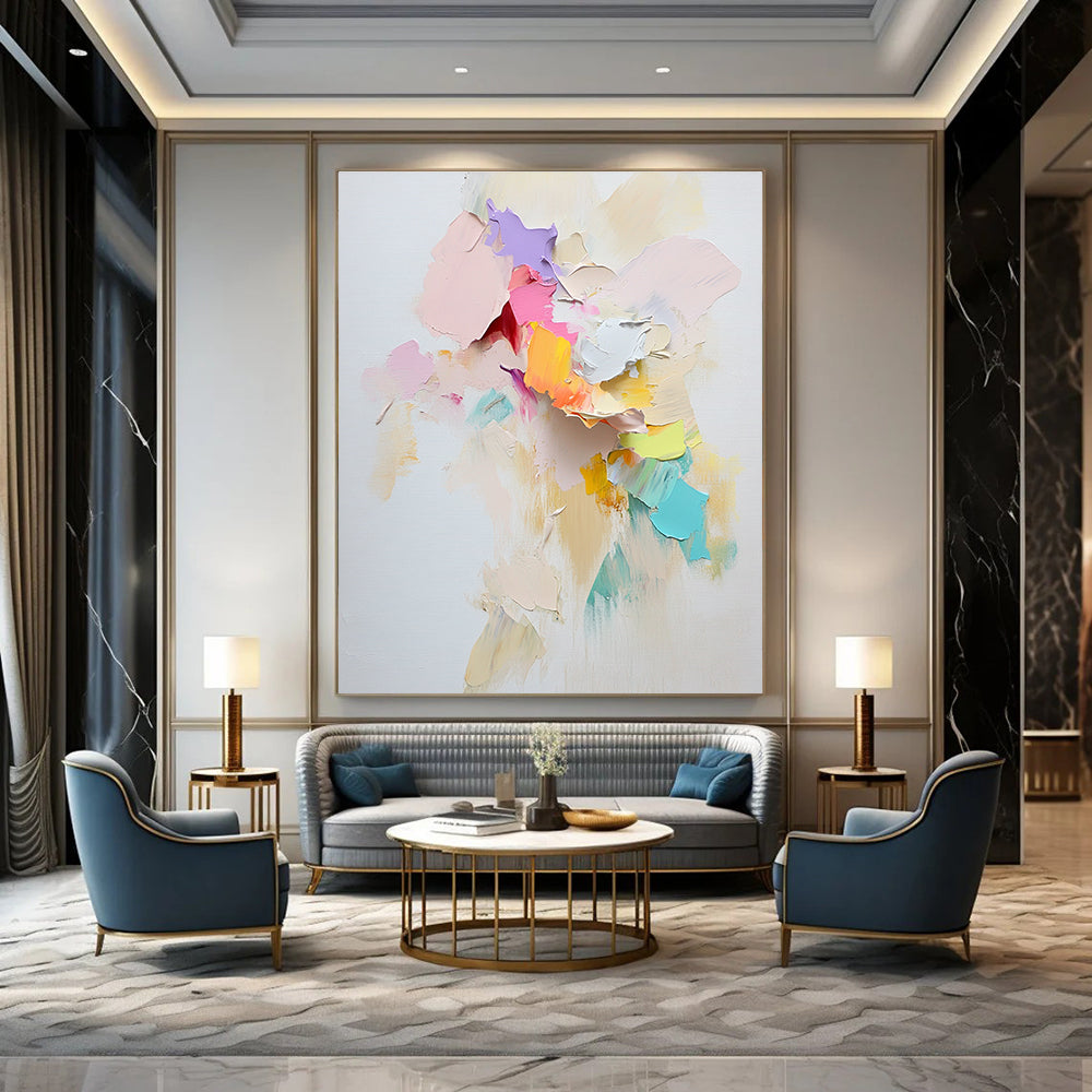 Large abstract painting with loose textured paint and pastel paper pieces suggesting movement featuring a prominent torn scrapbook paper centerpiece.STSC1248
