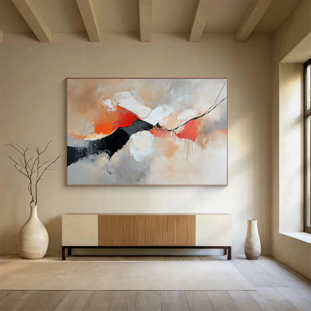 Large abstract painting featuring warm colors and soft shapes on a gray background with emotional expressions in red orange and black tones.SC265