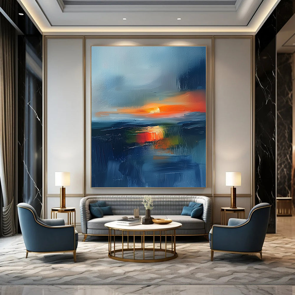 Large abstract painting featuring an Irish landscape at sunset with blue and orange tones and atmospheric clouds for a stunning visual impact.STSC149