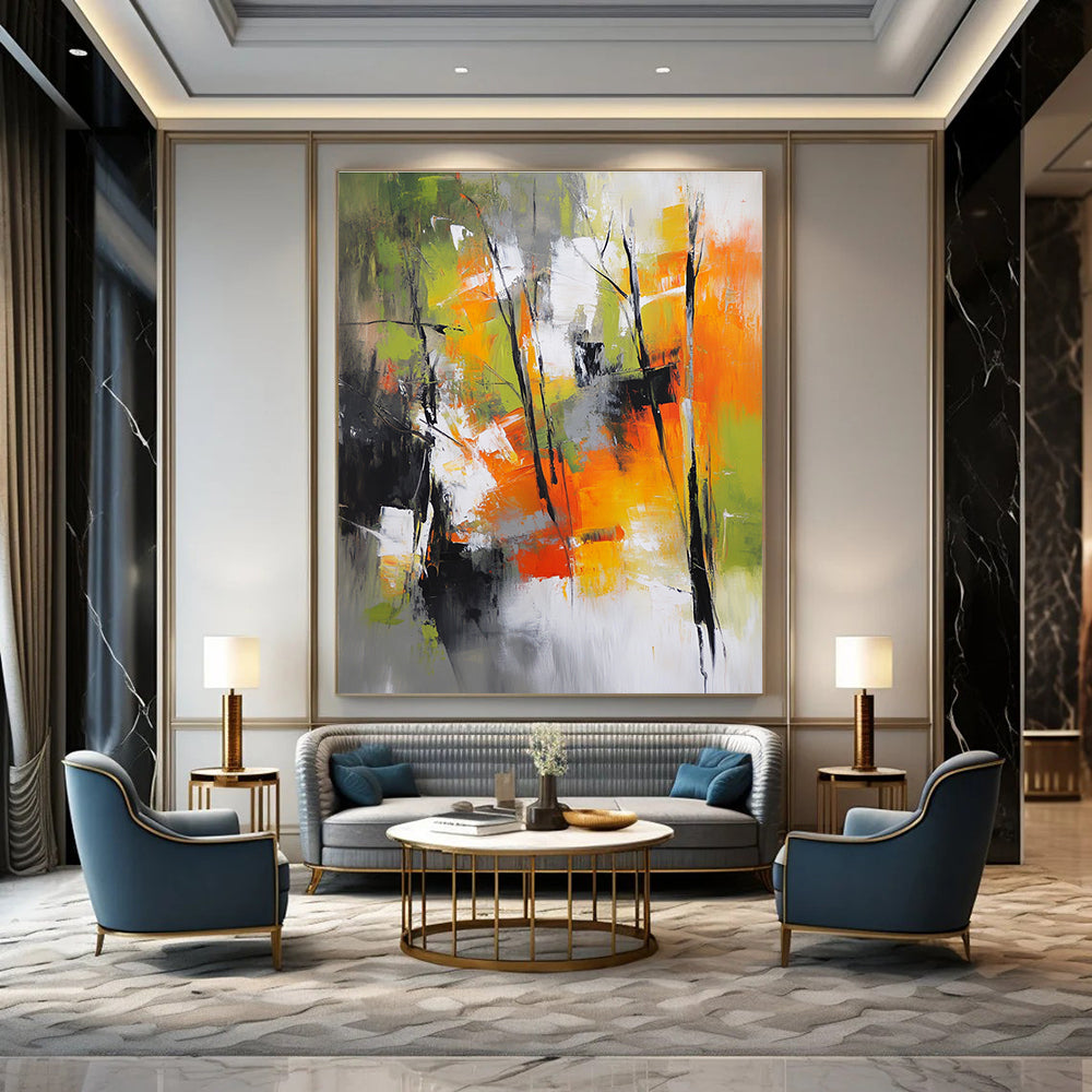 Abstract painting featuring a vibrant autumn forest with green yellow and red hues set against a backdrop of gray white and orange colors.STSC759