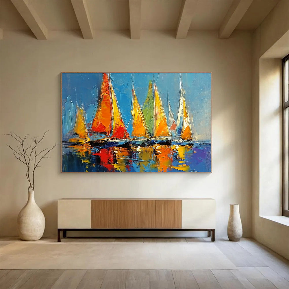 Colorful Sailboats Abstract Painting with Vibrant Sails DYP433