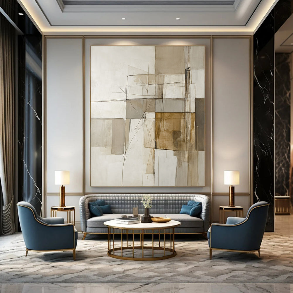 A large abstract painting of an architectural structure in soft neutral tones featuring lines and shapes in beige white grey and brown.STSC638