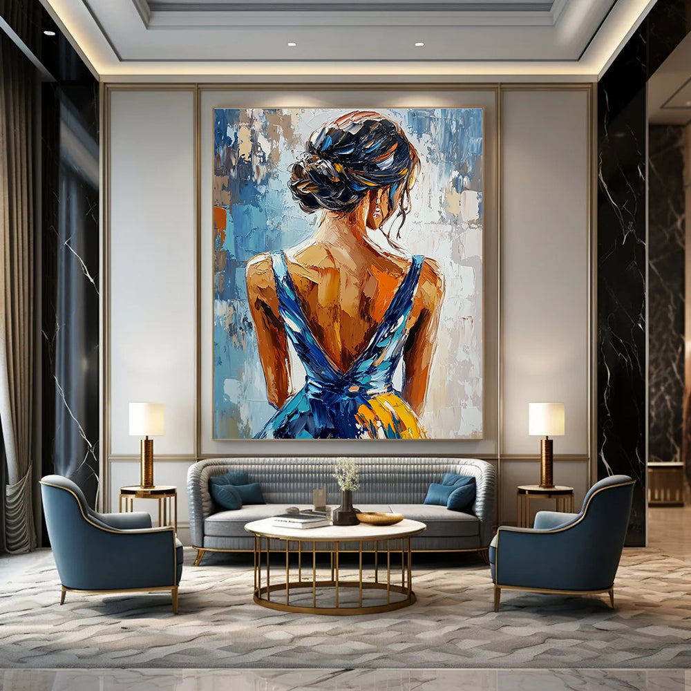 An abstract painting featuring an elegant woman in a blue and yellow dress seen from behind with vibrant impasto brushstrokes.STSC863