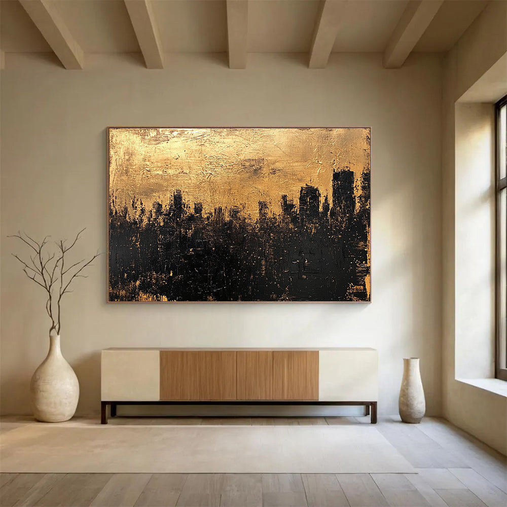 Gold and Black Cityscape Abstract Painting with Textured Layers DYP302