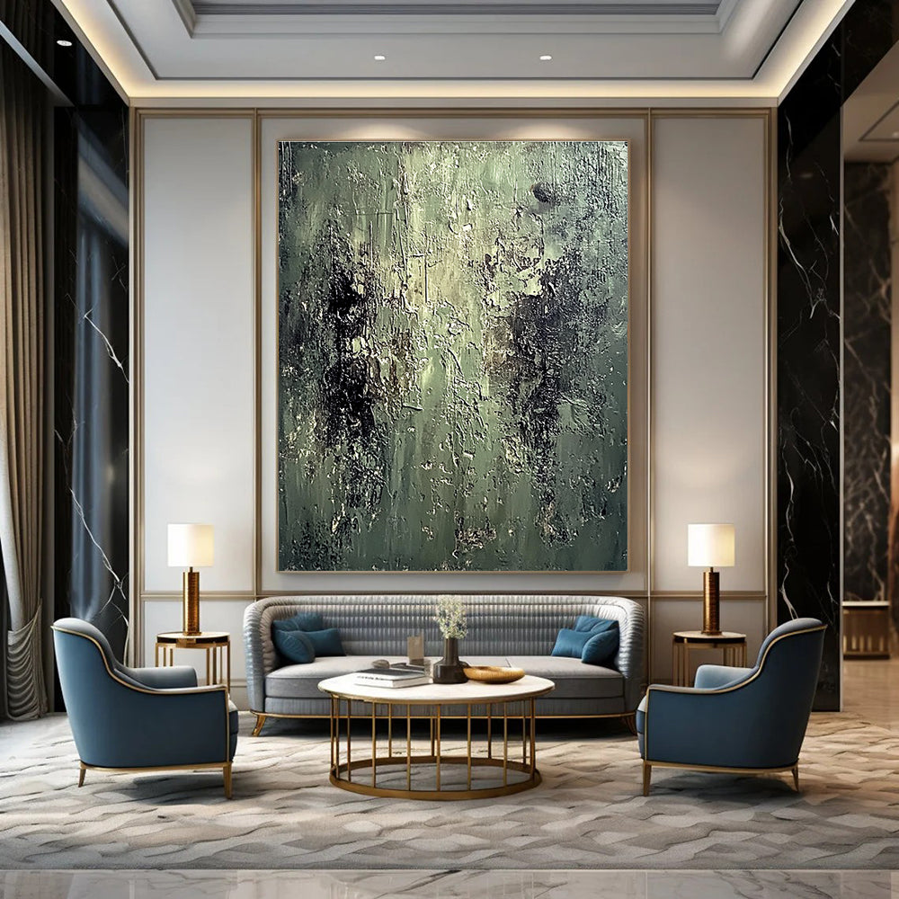 Large abstract oil painting of an old mossy wall with peeling paint in muted greens and dark browns evoking coolness and desolation.STSC587