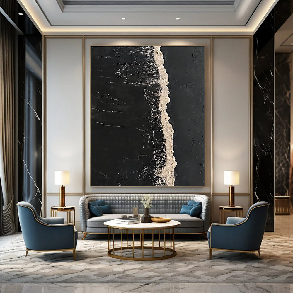 Abstract painting featuring a long white line of sea foam on dark water in a minimalist high contrast style inspired by Bawden and Sowa.STSC1044
