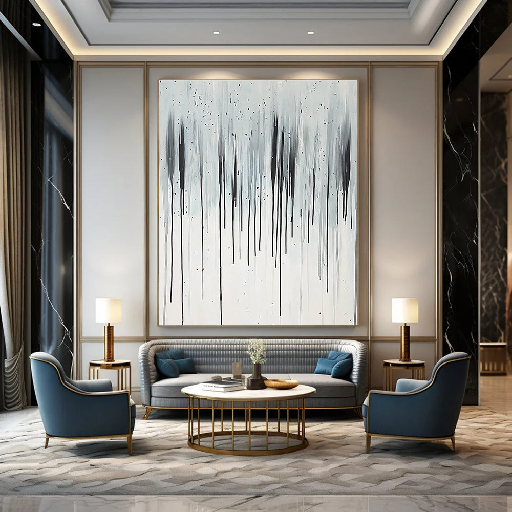 Large abstract painting featuring vertical thin lines in black and white with rain elegantly cascading from the sky.STSC357