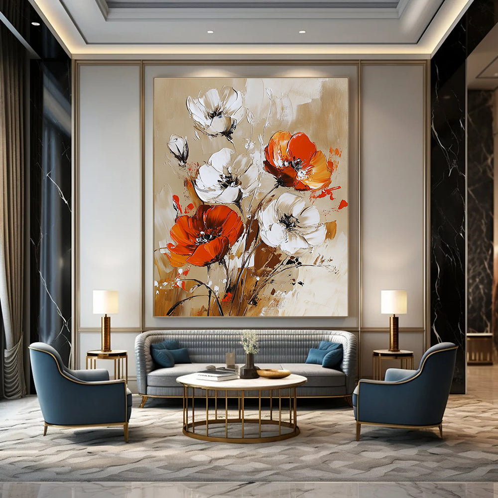 Large abstract painting featuring vibrant white orange and red flowers on a beige background with dynamic brushstrokes.STSC1127