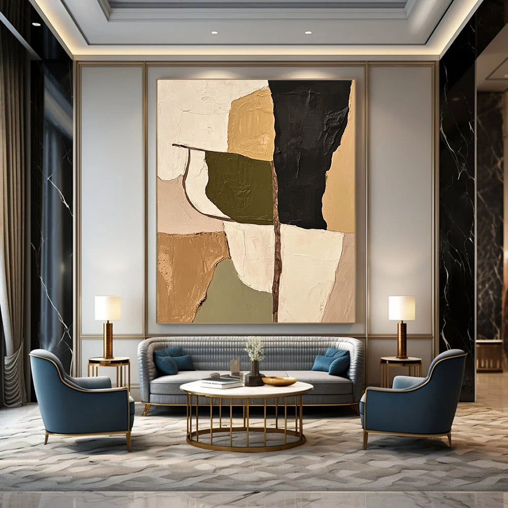 Large abstract painting featuring olive green beige and black shapes with thick impasto strokes that adds depth and texture to any space.STSC696