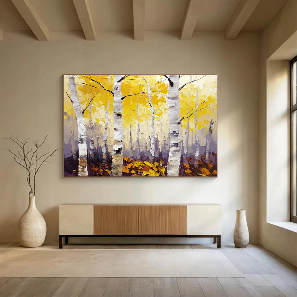 Large abstract painting of birch trees with vibrant yellow leaves featuring textured palette knife details and thick brush strokes on canvas.SC407