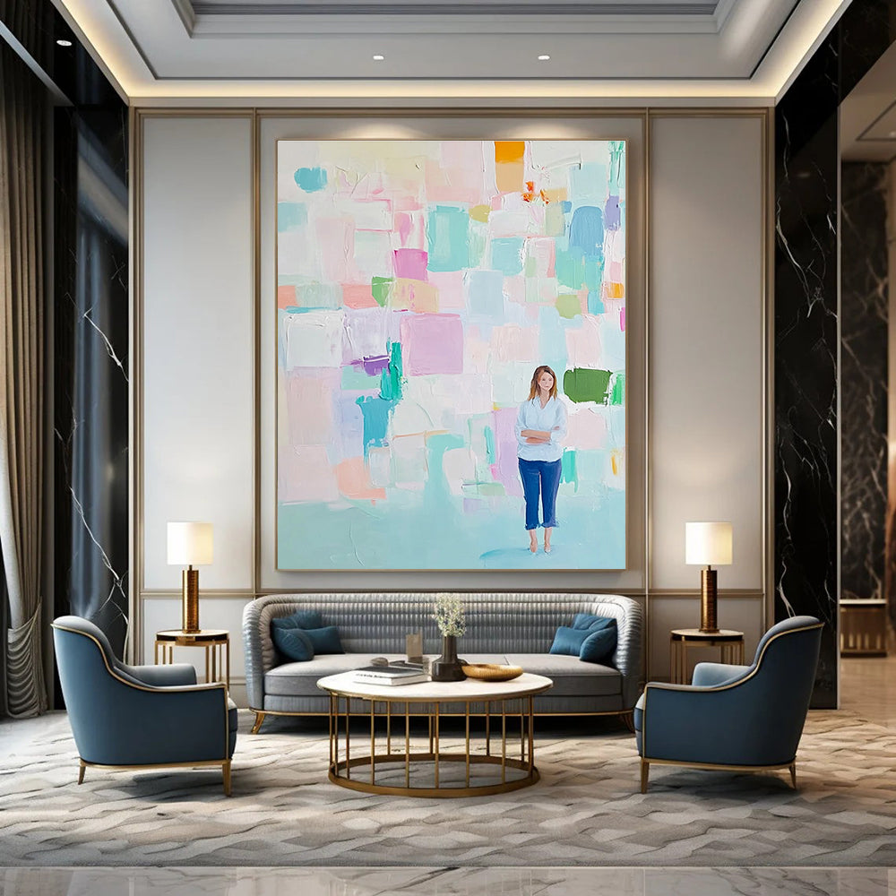Large abstract painting featuring soft pastel colors and thick brush strokes in pink blue green and mint with an airy background.STSC447