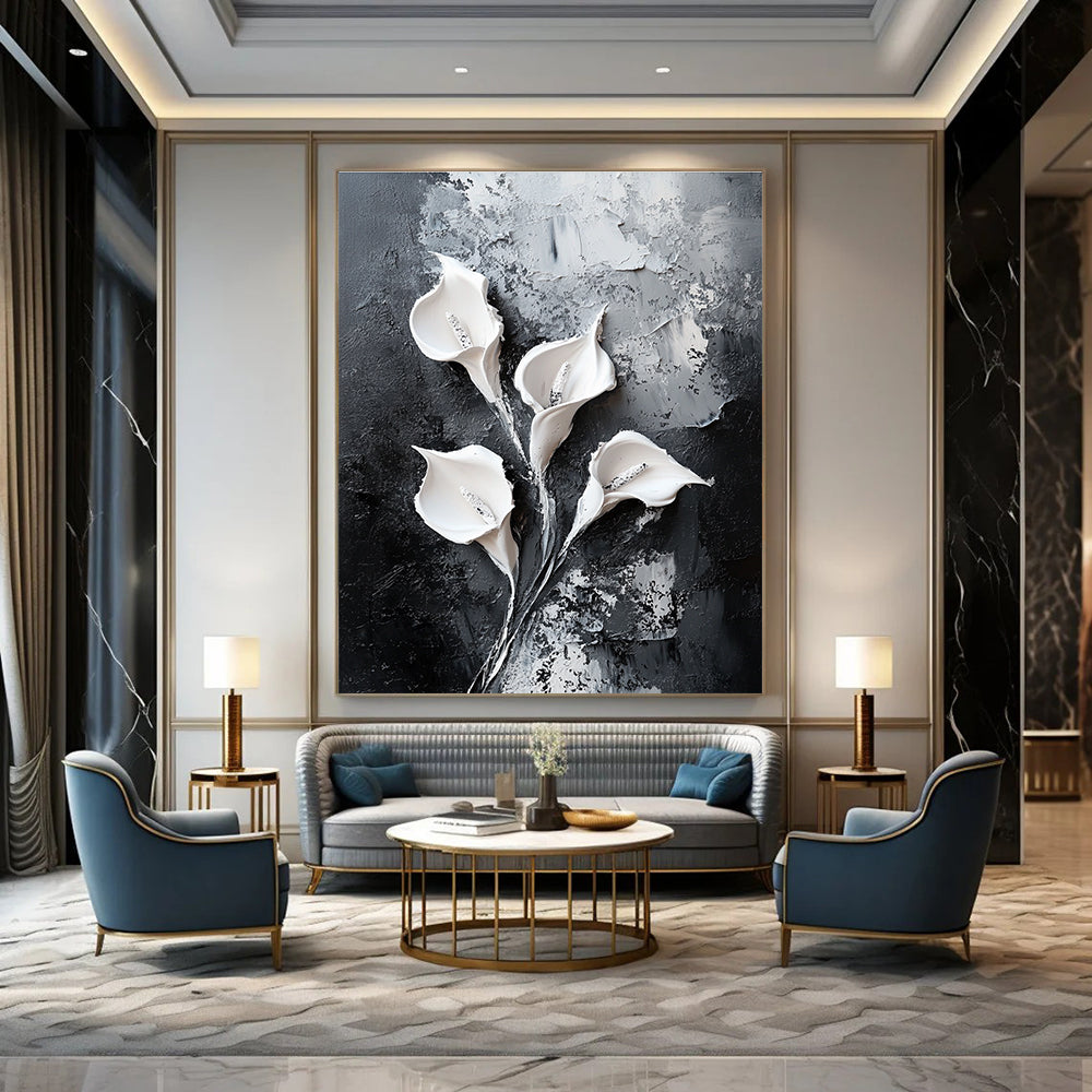 Abstract painting featuring white calla lilies on a black textured canvas with oil paint strokes in a modern minimalistic style.STSC509