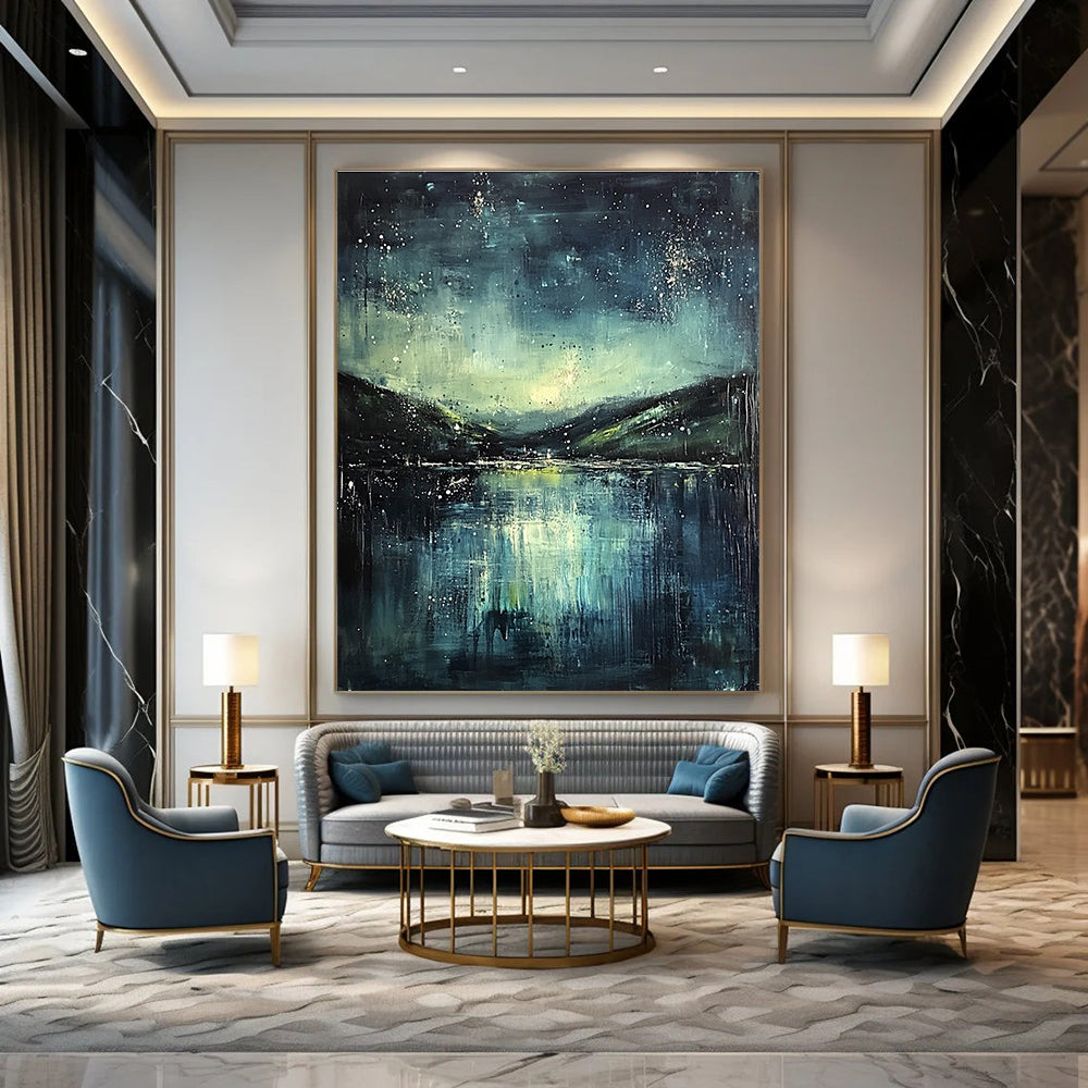 Abstract painting featuring a misty night sky with stars a serene lake and green hills in dark blue and teal hues.STSC294