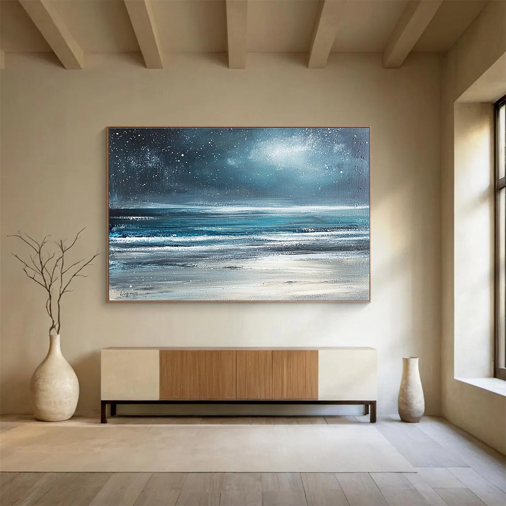 Starry Sea Beach Abstract Painting with Dark Blue and Silver Tones DYP570
