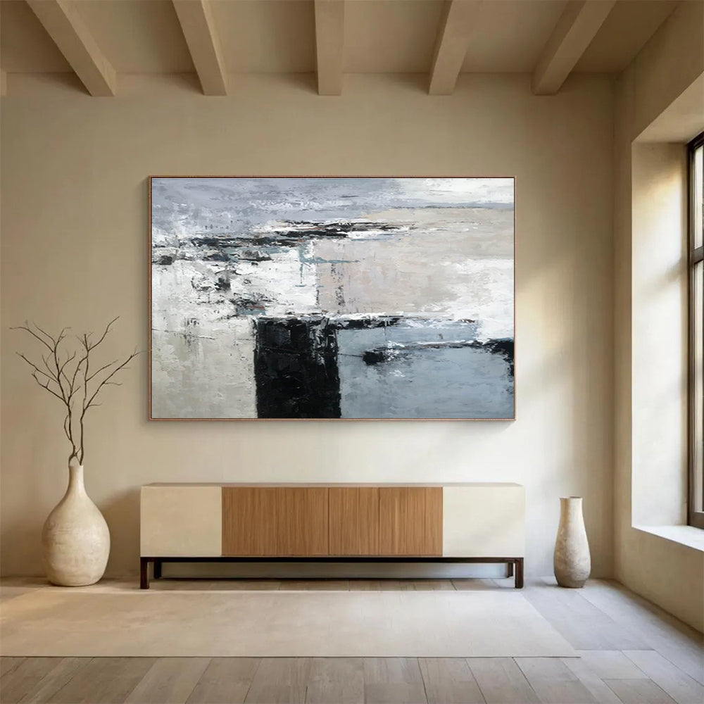 Minimalist Block Abstract Painting with Grey and Black Tones THY152