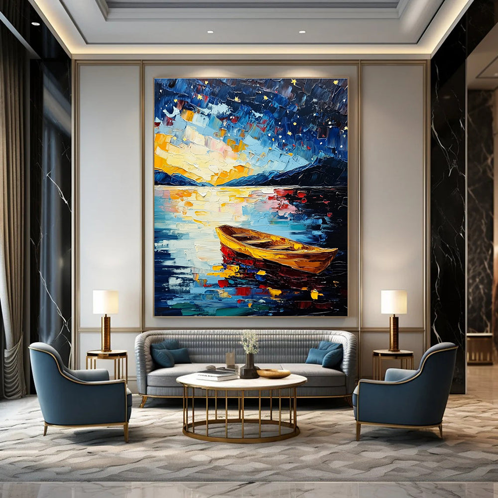 Large abstract painting of Lake Tahoe featuring a starry night sky colorful impasto brush strokes and a serene boat on the water.STSC877