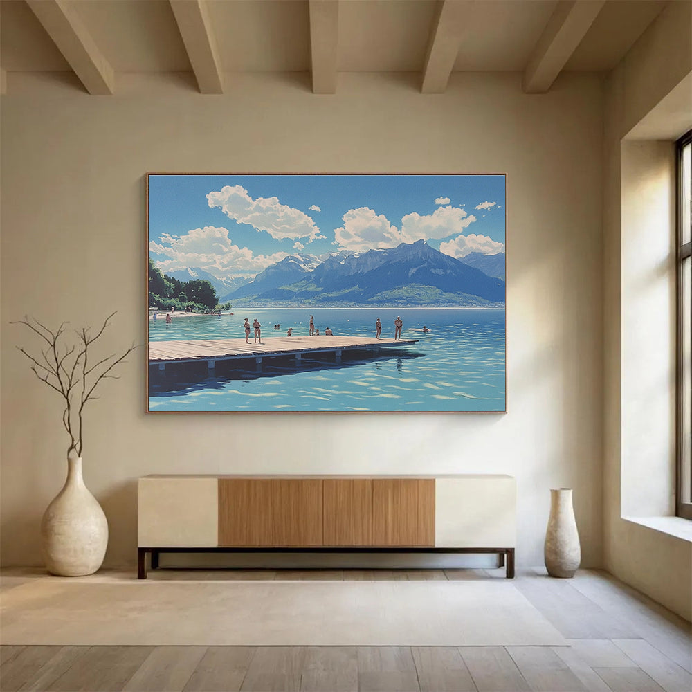 Large abstract painting depicting swimmers at Lake Neuchâtel with mountains clouds and a wooden platform under a blue sky.SC472