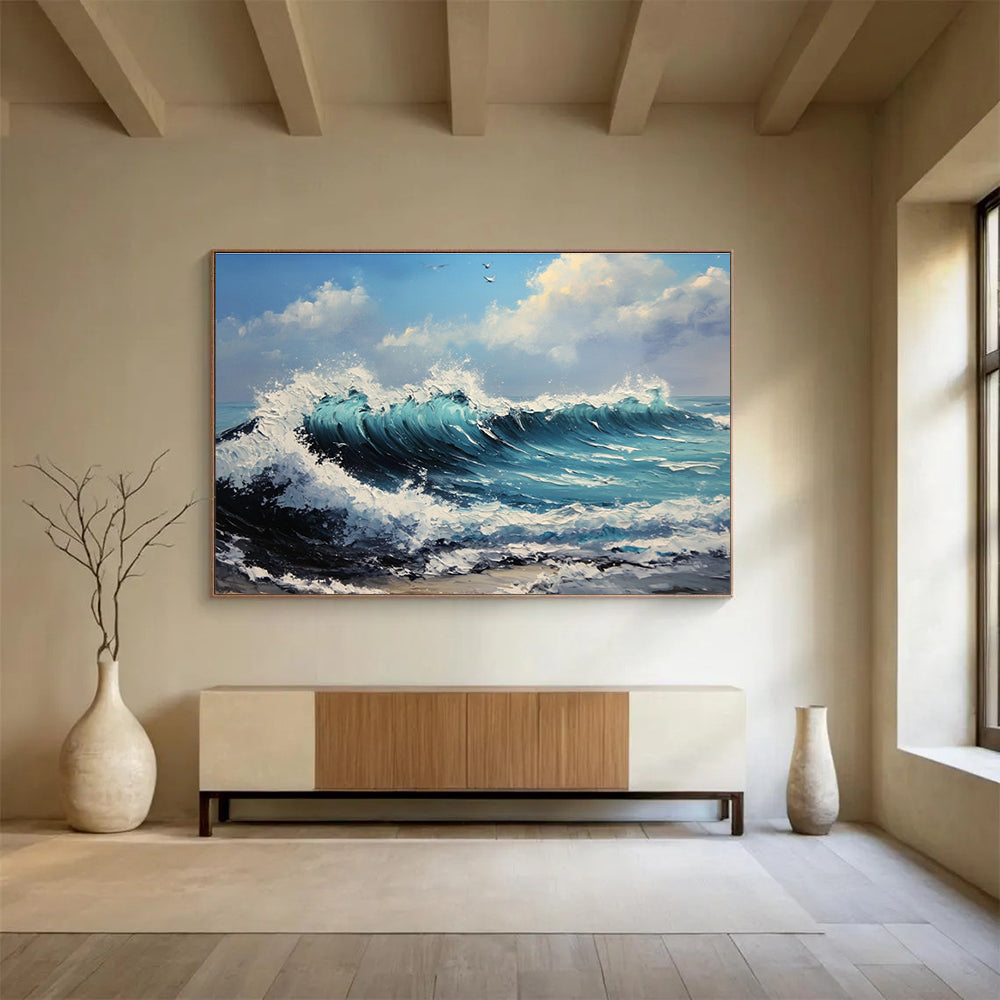 Crashing Waves at Sea Impasto Abstract Painting with Turquoise Blues DYP599