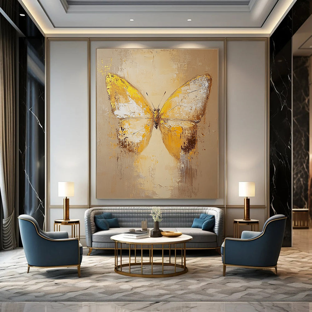 Large abstract butterfly painting in beige and yellow tones with textured old canvas and gold elements, capturing a love for nature and artistic expression.STSC1028